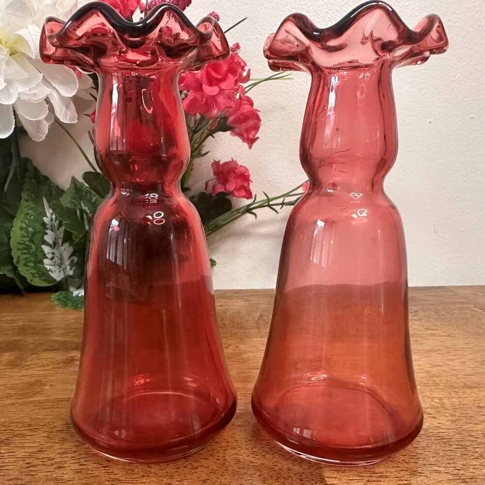 Victorian Cranberry Glass Vases Pair‎ Ruffled Rim Pink Red Hand Blown Art Glass